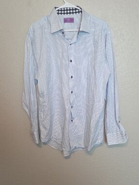 Lorenzo Uomo Light Blue Micro-Check Dress Shirt with Navy Contrast 17